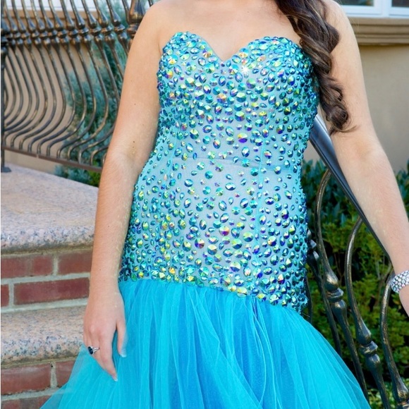 Sherri Hill Strapless Gown with beading, Aqua/Purple - Picture 2 of 4